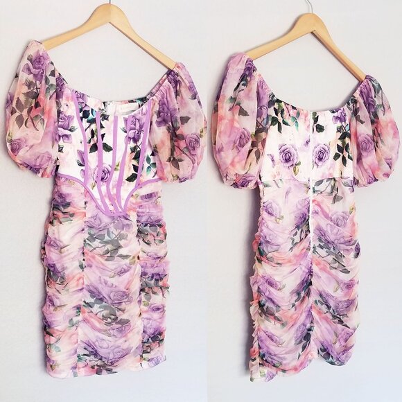 Donnee Par Dieu Corset Floral Ruched Mesh Puff Sleeve Bodycon Mini Dress Fairy M - Picture 5 of 16